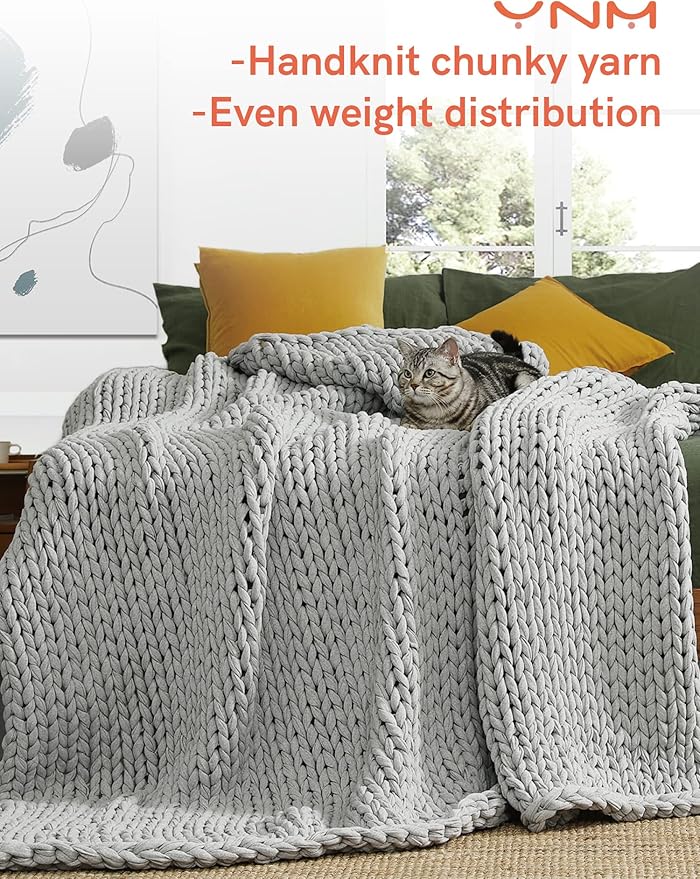 YnM 100% Cotton Weighted Blanket, Handmade Chunky Knitted Throw, No fillers Design, Soft and Breathable, Machine Washable Bed Blanket for Sleep or Home Decor (Lighte Grey, 48x72 Inch, 20lbs)