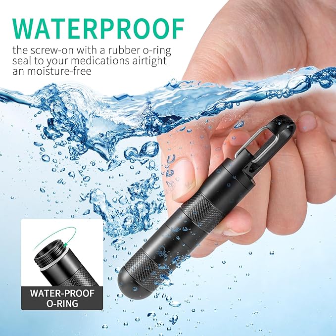 Micro Pill Holder Keychain Titanium Pill Case for Purse Small Pill Container Travel Black Pill Box Medicine Bottle Organizer for Vitamin Fish Oil Supplement (Black+1 Closed Extension Tube)