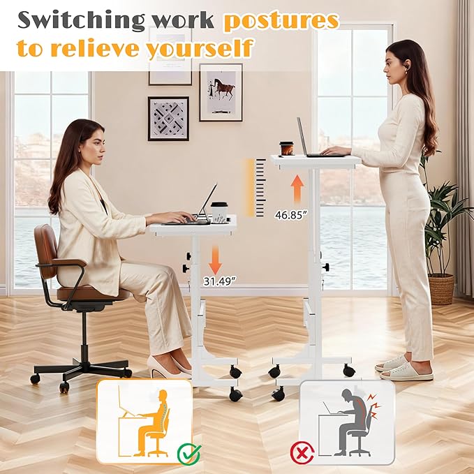 Furmax Small Portable Standing Desk Adjustable Height, Mobile Stand Laptop Computer Workstation with Lockable Wheels for Walking Pad Treadmill (White)