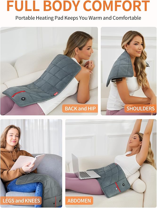 Portable Heating Pad with Battery, Weighted Heating Pad with 3 Heat Levels, Electric Cordless Heat Pad for Back, Neck, Shoulder, Abdomen, Leg, 12"x24", Indoor & Outdoor Travel, Gifts for Women Men