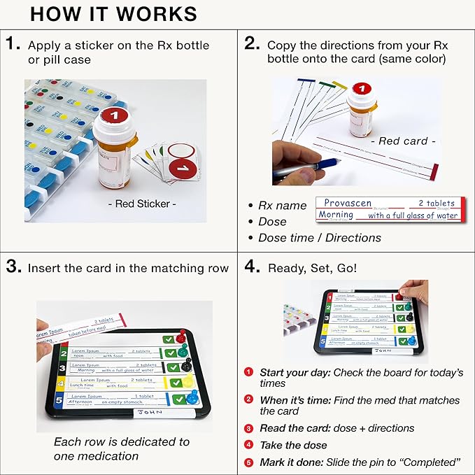Daily Medication Reminder Board, Medication Tracker for Seniors, Color-Coded Cards, Easy-to-Read Visual Organizer for Home
