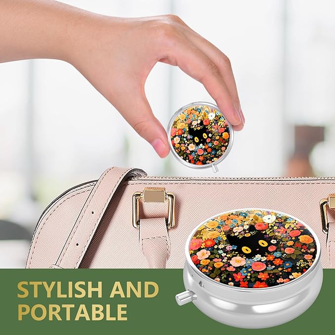 Nipichsha Pill Box, Small Pill Case for Purse & Pocket, Cute Travel Medicine Organizer, Portable Medicine Container Holder to Hold Vitamins, Medication, Fish Oil & Supplement, Flower Cat