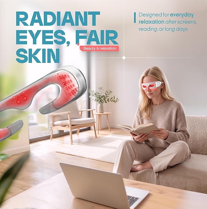Red Light Therapy Glasses for Eyes – Reduce Dark Circles & Puffiness, 630nm LED Eye Device, 3 Modes, Rechargeable Eye Massager with Auto Timer
