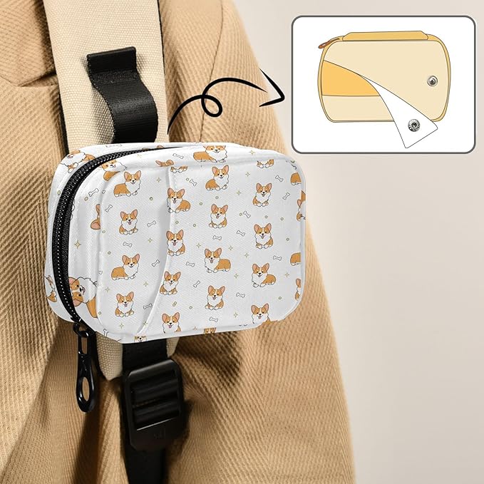 Cute Corgi Dog Pill Organizer Case Yellow Puppy Bone 7 Day Travel Pill Box with Zipper Portable Weekly Vitamin Medicine Supplement Holder Pouch Bag