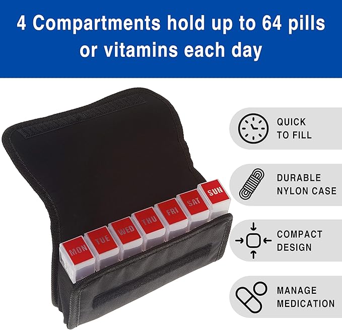 MEDCENTER Traveler 7 Day Pill Organizer HSA/FSA, Portable Travel Pill Case, Medication Organizer & Nylon Pill Container w/ 4 Daily Compartments, Standard Size