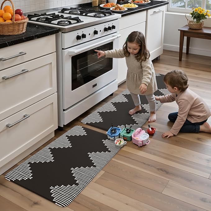 KIMODE Anti Fatigue Kitchen Mats for Floor, Black Diamond Kitchen Rugs Sets of 2, Kitchen Floor Mats Cushioned Non Slip, Memory Foam Standing Mats for Laundry Office Sink Desk 20"x47"+20"x32"