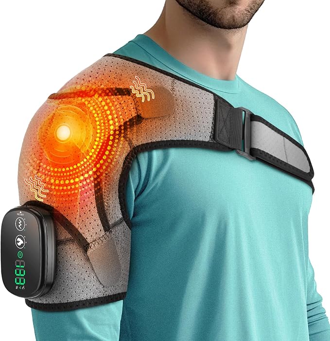 Cordless Shoulder Heating Pad, Shoulder Massager for Pain Relief Deep Tissue, Heated Shoulder Wrap with Heat and Massage for Men Women, Rotator Cuff Pain Heating Pad, Grey