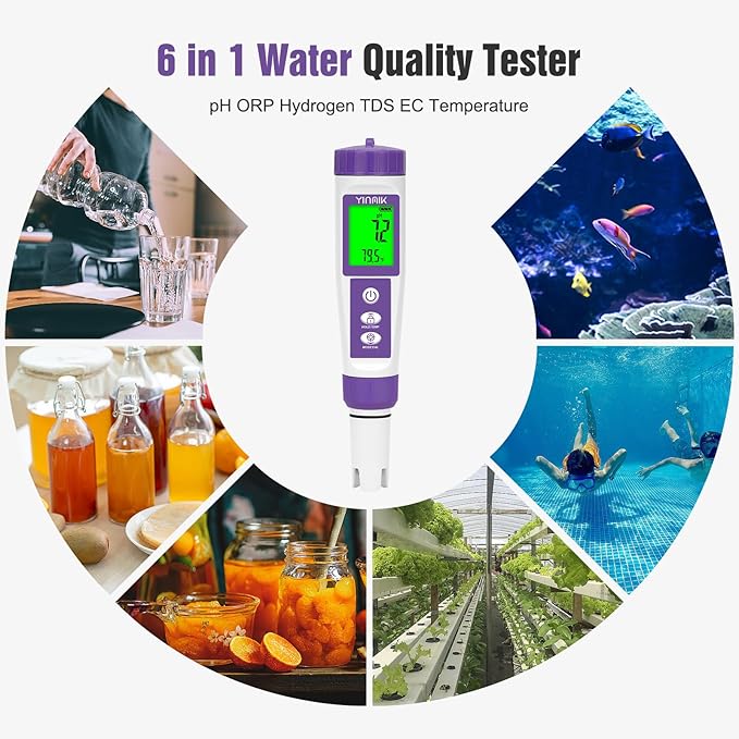 Hydrogen Water Tester, TDS Meter Digital Water Tester, ORP Meter for Drinking Water, YINMIK 6 in 1 pH Meter for Kombucha, PPM pH EC Tester for Hydroponic, H2 Meter for Hydrogen Water Tablet