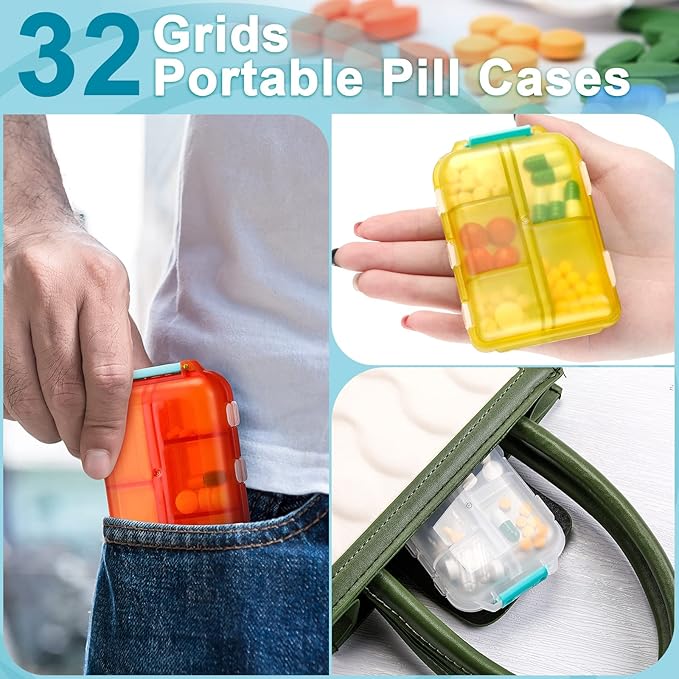 Mumufy 32 Pcs Travel Pill Organizer Bulk 10 Compartments Pocket Portable Pill Case Daily Box Dispenser for Vitamin Fish Oil Compartments Different Medicines, 8 Colors