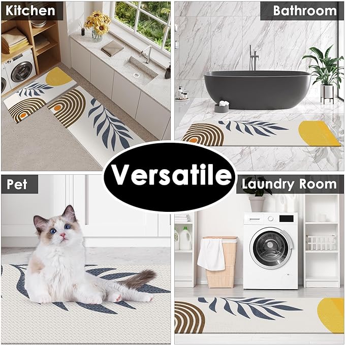 Anti-Fatigue Boho Kitchen Rug Set of 2 Cushioned Bohemian Kitchen Mats for Floor, Yellow Standing Mat Waterproof Non-Slip Kitchen Mats and Rugs PVC Ergonomic Comfort Foam Rug for Kitchen
