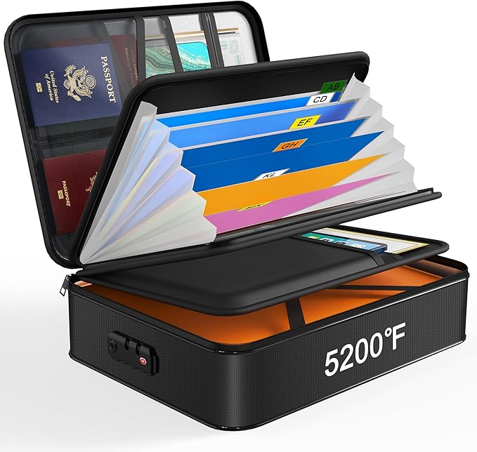 Noiposi 5200℉ Fireproof Document Box, 16.1x 11.4x4.3 Inch Waterproof and Fireproof Document Organizer,Portable Home Travel Safe Storage Box for Legal Size Documents,File and Birth Certificate,Black
