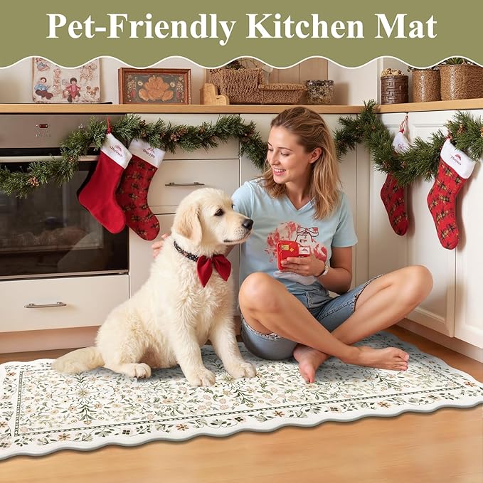 Yamaziot Anti Fatigue Kitchen Rugs Set of 3 - Boho Non Slip Waterproof Kitchen Mats for Floor, Boho Runner Rug for Kitchen Floor, Laundry, Desk, Office, 17.3"x29"+17.3"x35"+17.3"x47", Light Green