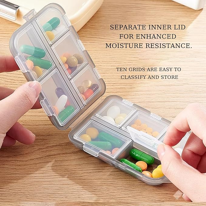 4Pack Travel Pill Organizer - 10 Compartments Pill Case with 64 Stickers, Pill Organizer 2 Times A Day, 20 Days Portable Compartments for Vitamins, Fish Oils, Supplements(Gray)
