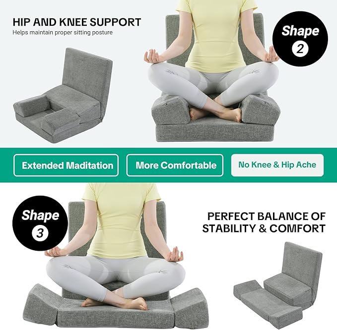 HOMBYS Pro Meditation Cushion Set with Adjustable Back Support, Large 3-in-1 Floor Sitting Chair for Yoga & Meditation, Extra Thick Yoga Pillows for Adults with Knee Support, Grey