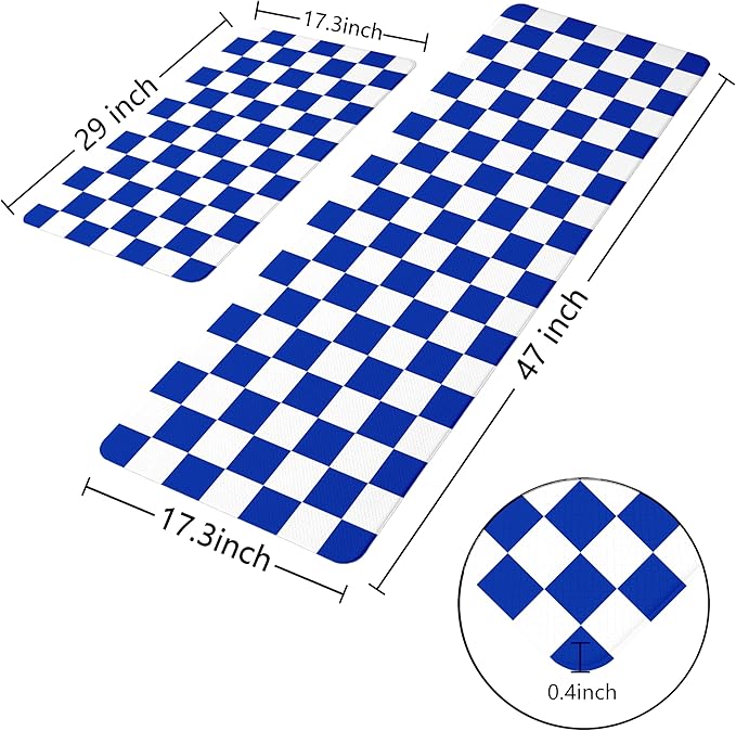 Stellar Blue Checkered Grid Checkerboard Kitchen Rug Sets [2 PCs], Anti-Fatigue, Waterproof Non-Slip Kitchen Mats Heavy Duty Comfort Foam Rug for Kitchen, Floor, Laundry,17"x29"+17"x47"