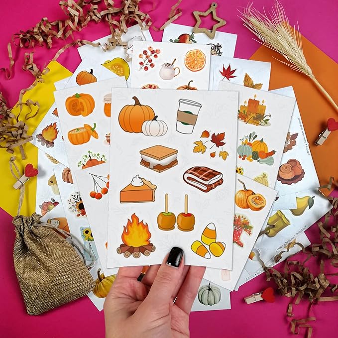 BulbaCraft Fall Stickers, Autumn-Themed Stickers with Pumpkins, Leaves, Animals & More – Perfect for Scrapbooks, Crafting, Laptops – Durable, Easy Peel-Off, Gifts for Women & Men