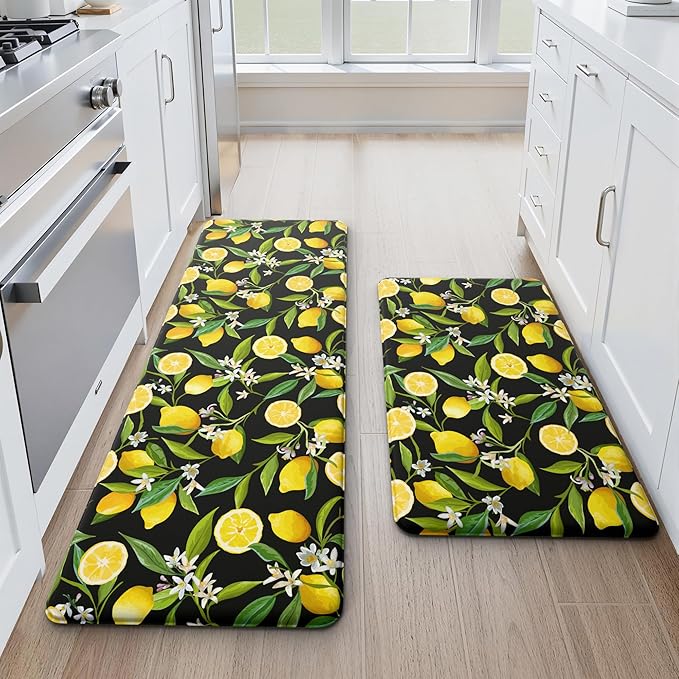 MAYHMYO Lemon Kitchen Mat Set of 2 - Anti Fatigue Mats for Kitchen Floor - Non Slip Cushioned Rugs for Standing - Lemon Decor (17.3"×29"+17.3"×47"-0.4") Black