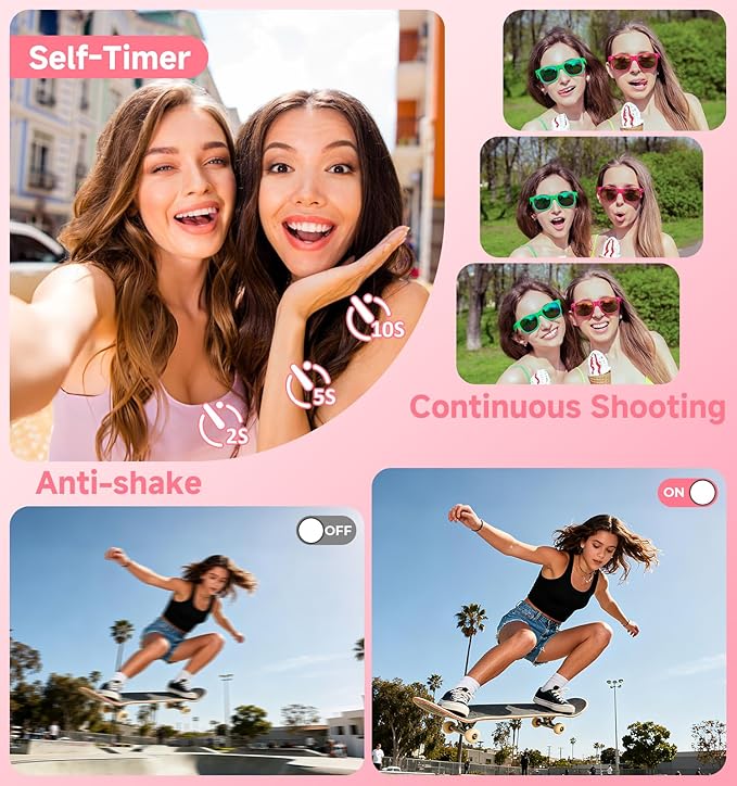 Digital Camera, 2026 Upgraded 56MP Pink Digital Camera, Dual Screens Cameras for Selfies with 16X Zoom, Compact Cameras with Smile Capture Anti Shake with 32GB SD Card for Kids Teens Adults