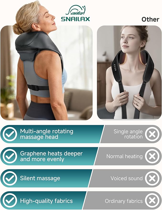 Snailax Cordless Neck Massager for Pain Relief Deep Tissue, Upgraded 4D Shiatsu Neck Shoulder Massager with Graphene Heating, Rechargeable Back Massager with Deeper Kneading Massage Heads for Home