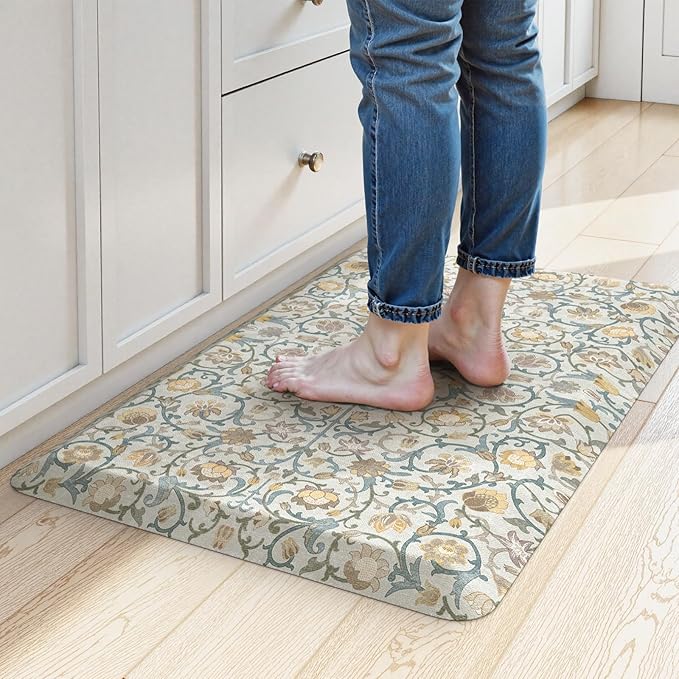 KIMODE Anti Fatigue Mats for Kitchen Floor Non Slip,Farmhouse Floral Sink Rug Waterproof for Laundry,Extra Thick Memory Foam Ergonomic Cushioned Carpet for Office,Yellow/Blue