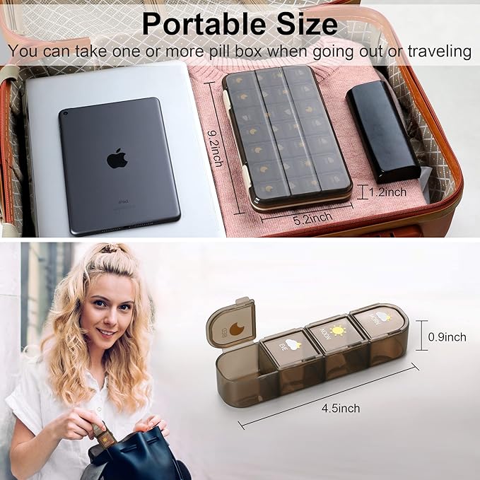 Pill Organizer 4X A Day, Pill Box 7 Day, Acedada Weekly (4 Times A Day) Travel Medicine Organizer Box, Large Pill Container Case Vitamins Holder Pill Dispenser, Brown