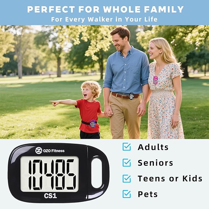 OZO Fitness Clip-on 3D Pedometer for Walking Steps Counter with Lanyard, Simple Exercise Tracker for Women and Seniors with Large Accurate Digital Display, Portable Minimalist Sports Monitor