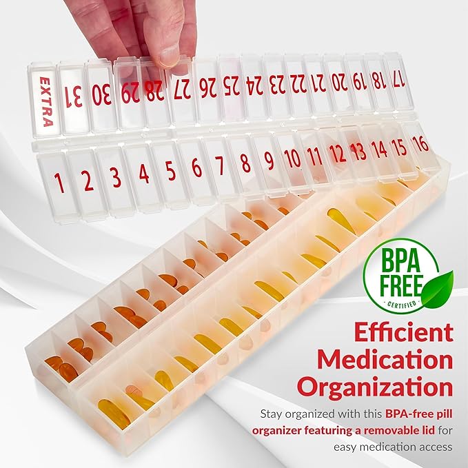 Large Pill Organizer Monthly 32 Compartments - 30 Day Pill Organizer 1 Time A Day, Large Compartment Box for Medications, BPA-Free Plastic, Removable Lid for Easy Loading Medicine, Clear, Case of 50