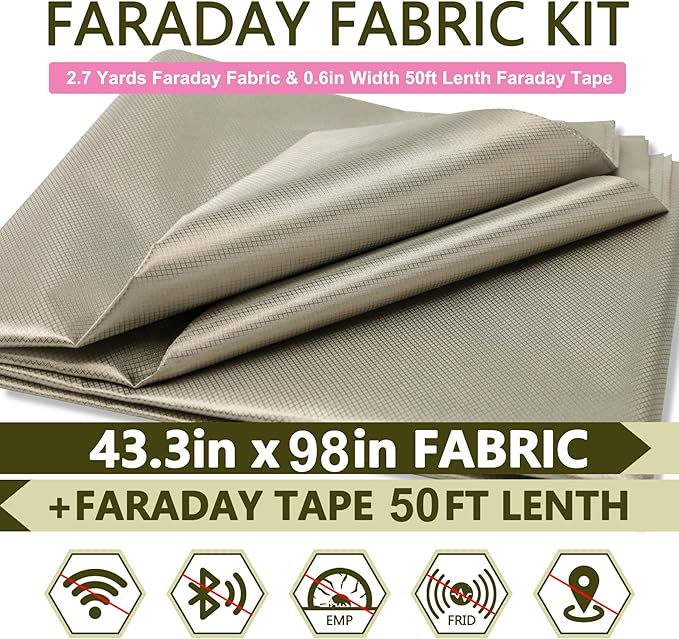 Faraday Fabric 43.3"x98" Faraday Cloth with 0.6''W Faraday Tape for DIY Faraday Cage,Military Grade Blocking Cloth for WiFi,Cell,Bluetooth,RFID,EMP Protection
