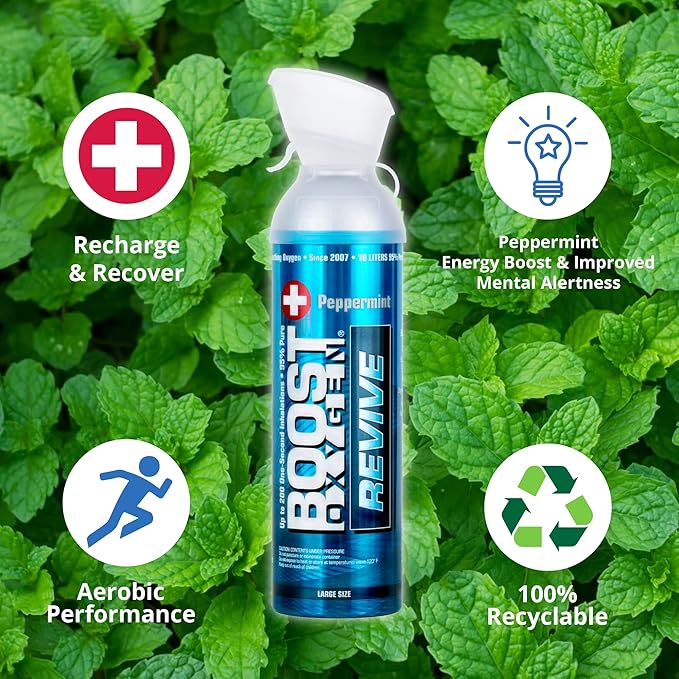 Boost Oxygen Large Revive Peppermint Aroma 10L Canister | Respiratory Support for Aerobic Recovery, Altitude, Performance & Health (1 Pack)