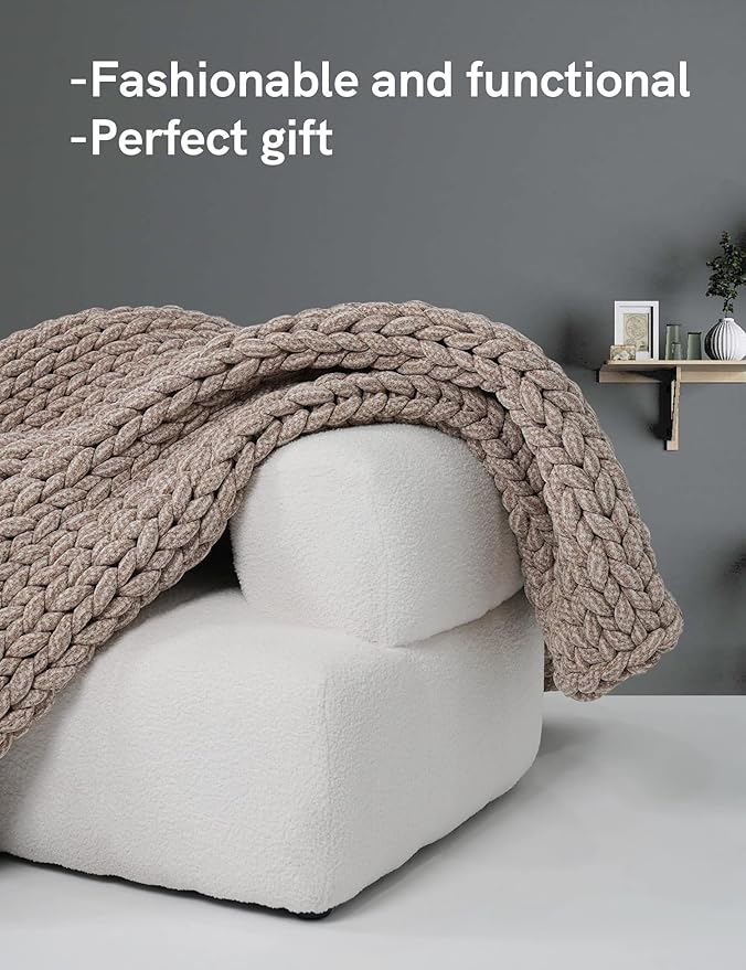 YnM Chenille Weighted Blanket, Handmade Chunky Knitted Design, Soft and Cozy, Temperature Regulating and Breathable, Machine Washable Throw for Sleep or Home Decor (Beige, 60x80 Inch, 20lbs)