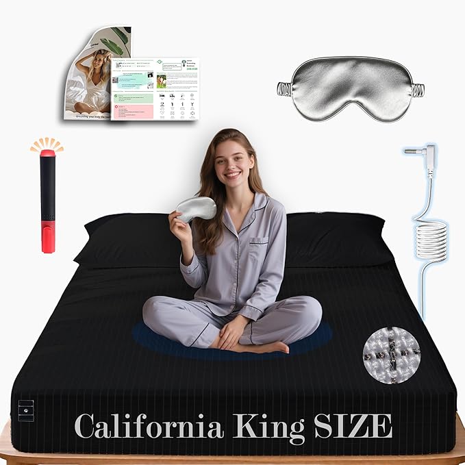 Ali King Grounding Sheets - California King Size, Soft Cotton with Silver Fiber, 15'' Deep Pocket Earth Grounding Fitted Bed Sheets for Improved Sleep (Black, California King 72''*84''*15'')