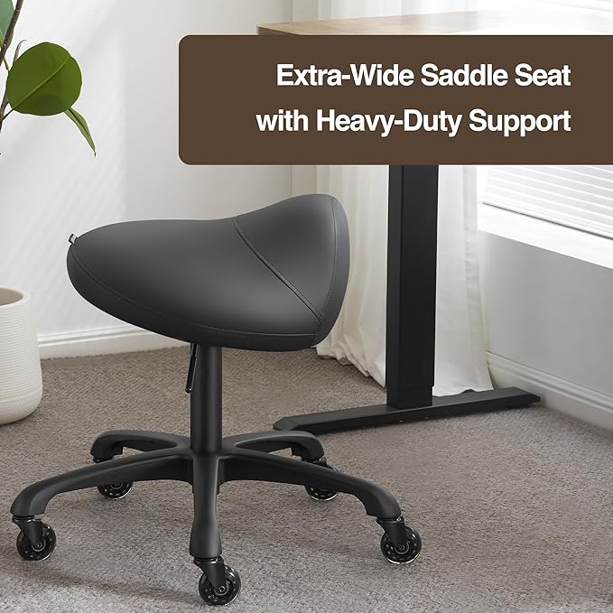 Heavy-Duty Ergonomic Pneumatic Swivel Rolling Saddle Stool with Extra Wide Seat for Hygienic Clinic Spa Massage Home and Office - 505 KIMO (Black)