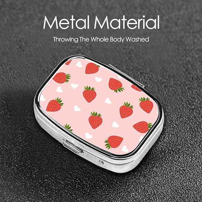 Kawaii Strawberry Pill Box with Mirror 2 Compartment Metal Square Small Pill Case for Purse or Pocket Portable Pill Container Holder Travel Medicine Organizer for Vitamin Fish Oil Supplement