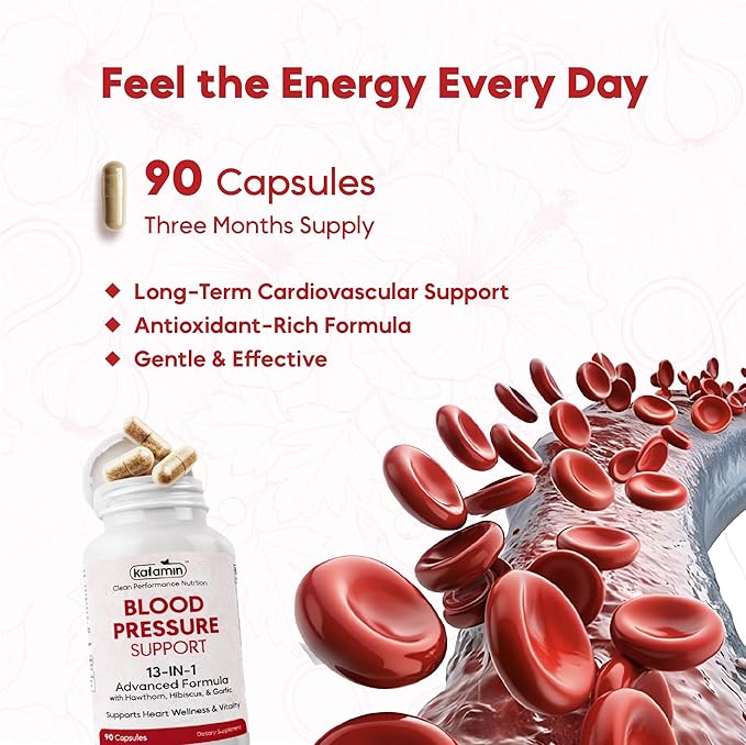 Blood Pressure Support Supplement - Circulation Support & Heart Health Supplements - 13-in-1 Formula with Hawthorn Berry, Hibiscus & Garlic Supplements - 90 Capsules (3-Month Supply)