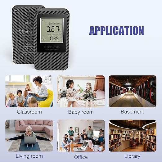 LifeBasis Radon Detector, Radon Test for Home with Long and Short Term Radon Meter, Home Radon Gas Monitor US Version-pCi/L (Update Version, Carbon Fiber Color)