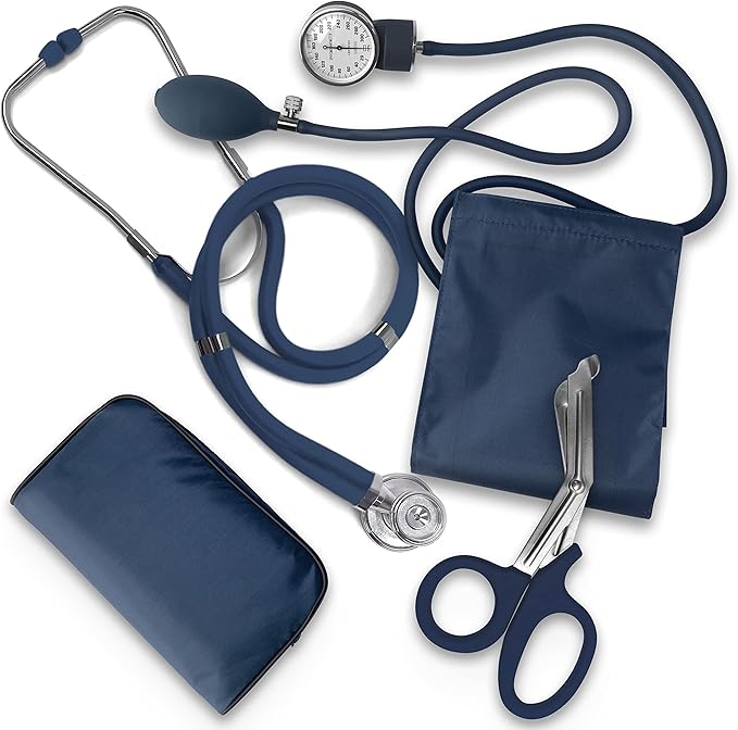ASA TECHMED Nurse EMT Starter Pack Stethoscope, Blood Pressure Monitor and Trauma 7.5" EMT Shear Ideal Gift for Nurses, Medical Students, Firefighters, Police and Personal Use (Navy Blue) 4 Piece Set