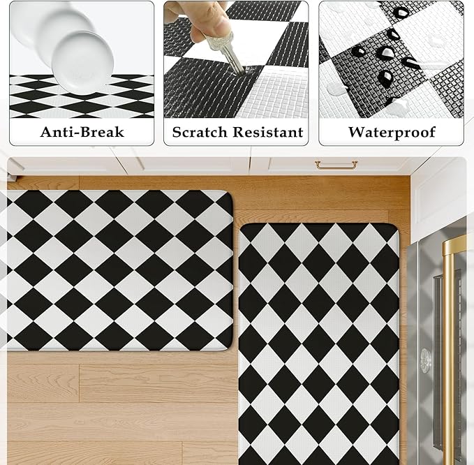 KIMODE Farmhouse Kitchen Rugs, Anti-Fatigue Kitchen Mats, Non-Slip, Cushioned Standing Mat, 17"x47"+17"x29", Black Diamond Check
