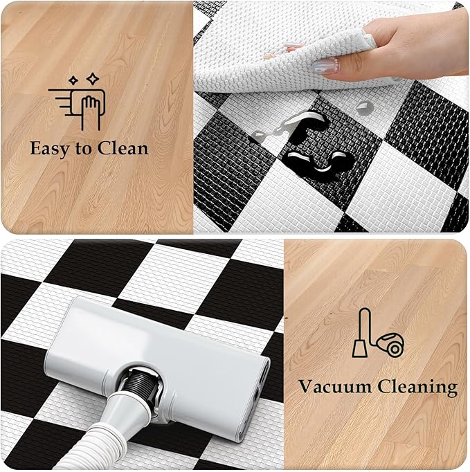 KIMODE Farmhouse Kitchen Rugs, Anti-Fatigue Kitchen Mats, Non-Slip, Cushioned Standing Mat, 17"x47"+17"x29", Black Diamond Check