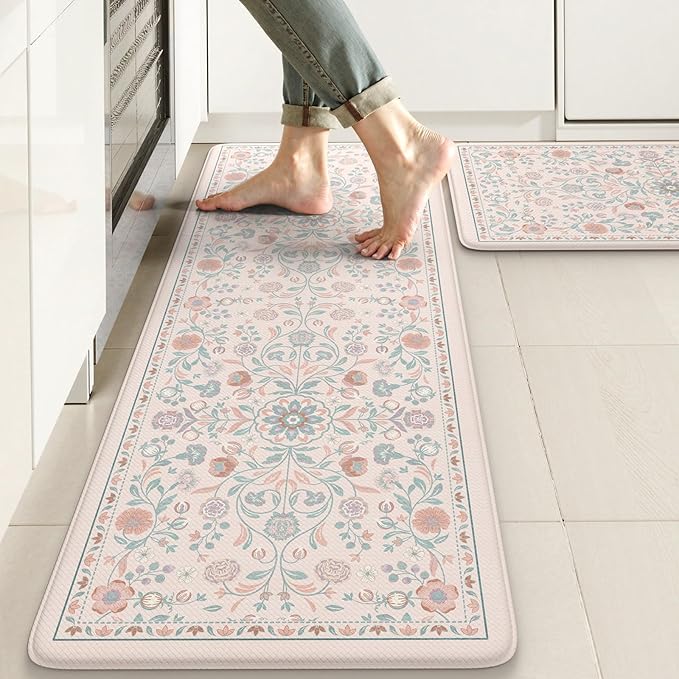 KIMODE Comfort Kitchen Mats Cushioned Anti Fatigue,Boho Floral Kitchen Rugs Sets of 2 Non Slip,Padded Memory Foam Ergonomic Standing Carpet for Laundry Sink Office,Pink