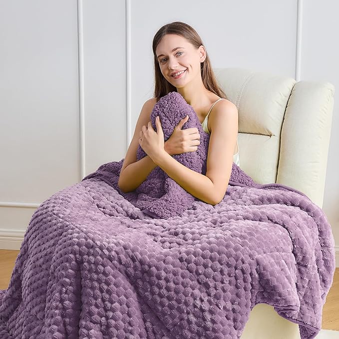 Wemore Fleece Weighted Blanket for Adults (60" x 80" 15lbs, Purple), Dual Sided Cozy Soft Sherpa Heavy Blanket, 3D Imitation Turtle Shell Warm Jacquard Flannel Weighted Blankets for Couch and Bed