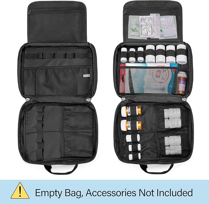 CURMIO Pill Bottle Organizer Portable Medicine Bag, Lockable Prescription Bottle Storage for Pill Bottles, Vitamins, Medical Supplements for Home Storage and Travel, Red (Empty Medicine Bag)