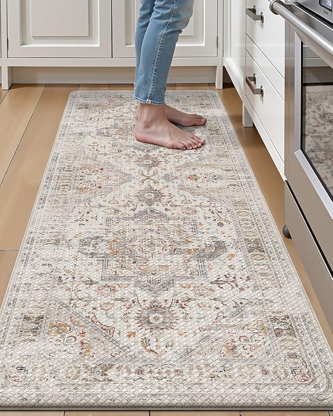 LUMI Kitchen Mat Anti Fatigue Cushioned, Memory Foam Padded Standing Rug Washable, Non Slip Comfort Floor Runner for Home, Sink, Laundry, Office, 24"x59", Creamy White