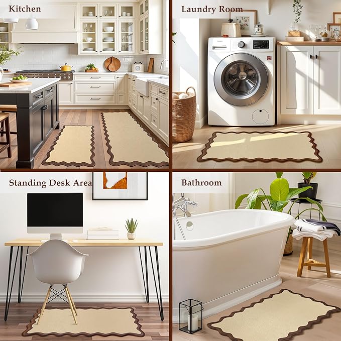 Scalloped Kitchen Mats Rugs Sets of 2 Cushioned Anti Fatigue Floor Mat Waterproof Kitchen Rugs Non Slip Foam Comfort Standing Mat for Sink Laundry, Terracota