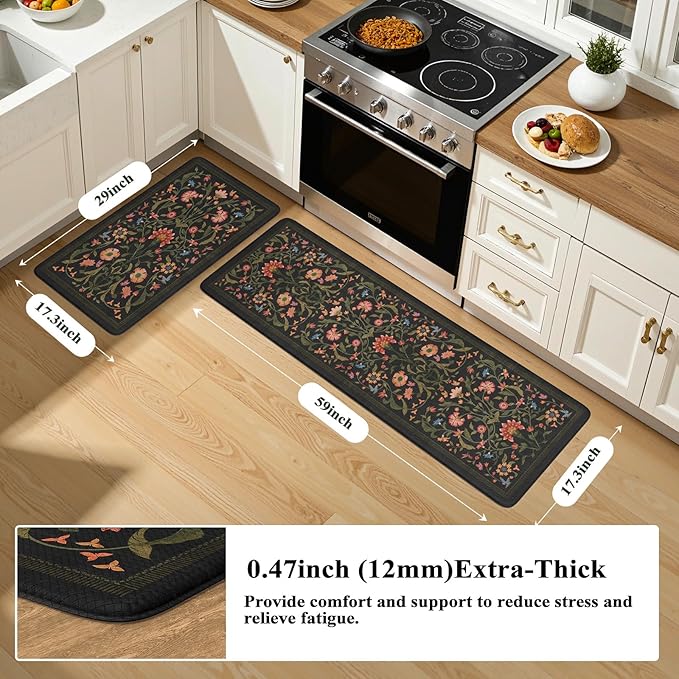 Collive Anti Fatigue Mats for Kitchen Floor, Waterproof Cushioned Kitchen Rugs Sets of 2 Non Skid Padded Sink Rugs, Vintage Floral Comfort Standing Mat for Laundry, Office, 17.3"x29"+17.3"x59", Black