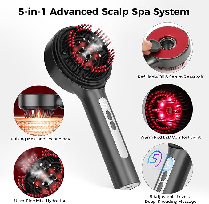Electric Scalp Massager, 5 in 1 Refillable Oil Reservoir and Mist 3 Step At Home Scalp Spa Device, 3D Deep Kneading Massage, USB C Rechargeable Portable for Home and Travel