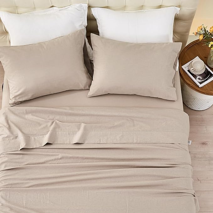 Simple&Opulence Belgian Linen Sheet Set Solid Color - 4 Pieces (1 Flat Sheet & 1 Fitted Sheet & 2 Pillowcases) Natural Flax Cotton Blend Soft Bedding Breathable Farmhouse - Khaki, King Size