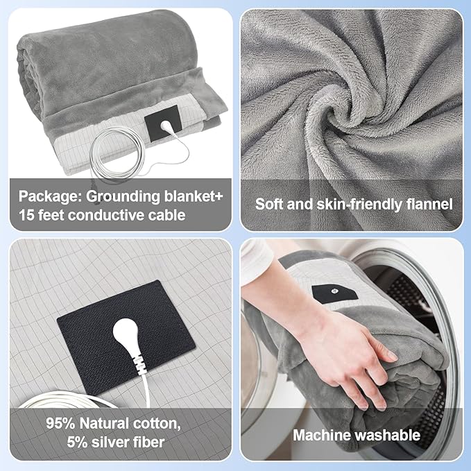 Grounding Blanket 79×55 inch Grounding Mat for Bed Grounding Sheet with Conductive Silver Fiber for Better Sleep, Pain Relief, Helps Anxiety Relief (Gray)