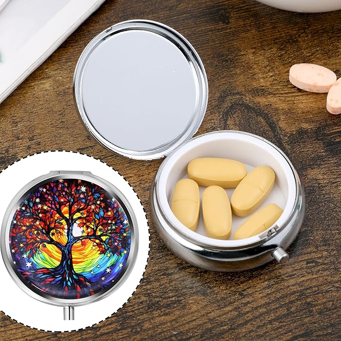 Sibba Portable Medicine Pill Case, Travel Multi-Functional Moisture Proof Pill Box for Purse & Pocket, Cute Metal Medicine Pill Organizer Box for Vitamins, Fish Oil & Supplements (Tree)