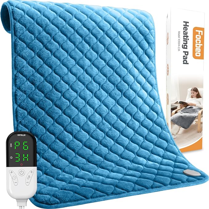 King Size Heating Pad for Back Pain 32"x24" Extra Large Electric Heating Pad for Period Cramps Relief & Body Neck Shoulder Auto Shut Off Heat Pad Temperature Settings Machine Washable Blue