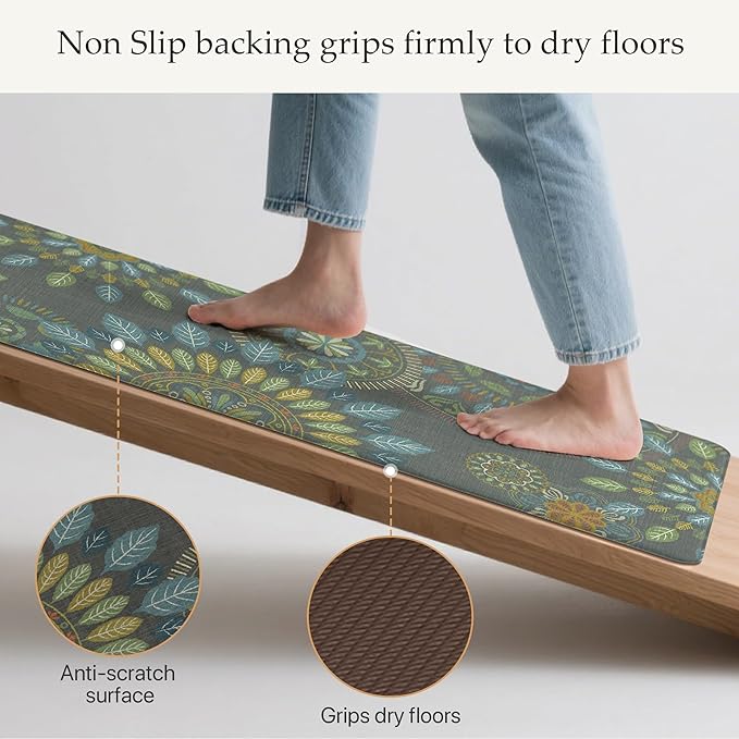 GENIMO Kitchen Mats for Floor 2PCS, Cushioned Kitchen Rugs Non Slip Washable, Farmhouse Anti Fatigue Mat Waterproof, Comfort Standing Mat Rug for Office, Home, Laundry, 17.3"x47"+17.3"x30", Green